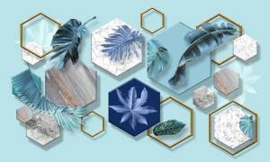 3D Фотообои Artegrafico «Листья на мраморных шестиугольниках» JG-002 песок