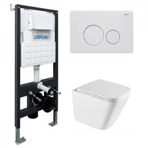 Унитаз с инсталляцией Abber Rechteck AC1219TC-AC0105-AC0121MW безободковый, сиденье микролифт, кнопка белая матовая
