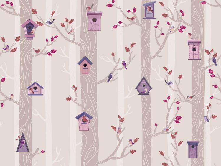 Бесшовные Eco обои Ortograf Little friends 34405 Скворечники 3 Жемчуг ОЕ-Р3