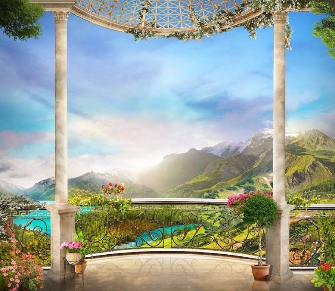 3D Фотообои Artegrafico «Балкон замка в горной долине» FR252 песок