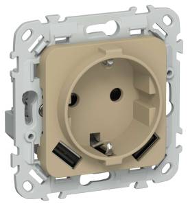 Розетка 1-местная с заземлением, шторками и USB Type A+A IEK Flite FI-R14-16-U21-D31-K59 хаки