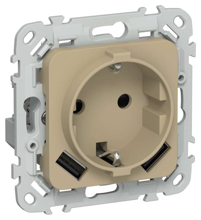 Розетка 1-местная с заземлением, шторками и USB Type A+A IEK Flite FI-R14-16-U21-D31-K59 хаки