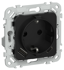 Розетка 1-местная с заземлением, шторками и USB Type A+С IEK Flite FI-R14-16-U22-020-K02 черный