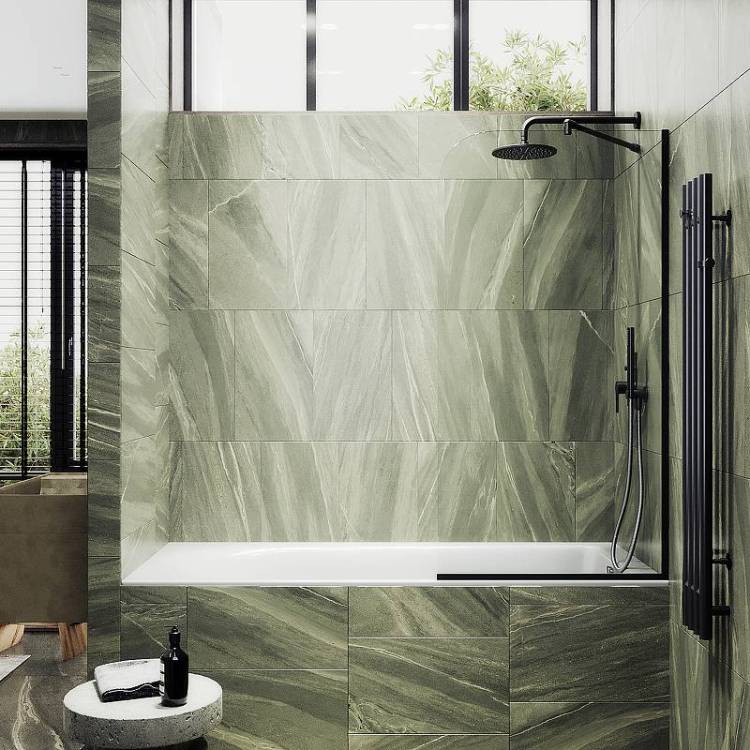 Шторка на ванну MaybahGlass MGV-63-6у стекло прозрачное, профиль черный, 1400x700