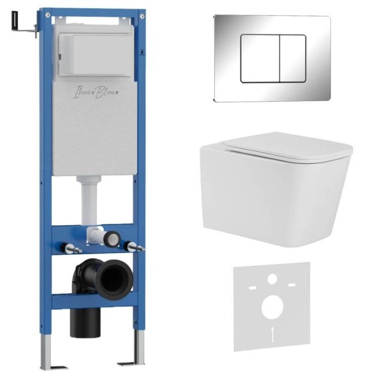 Унитаз с инсталляцией Iberica Blanca Toledo Alto IB.001M.TLA.234.1131 безободковый, с крышкой-сиденьем микролифт, с кнопкой глянцевый хром