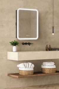 Зеркало-шкаф Art&Max Platino L AM-Pla-600-800-1D-L-DS-FC-H-T-Grey с подсветкой, часами и подогревом, Антрацит, 80x60