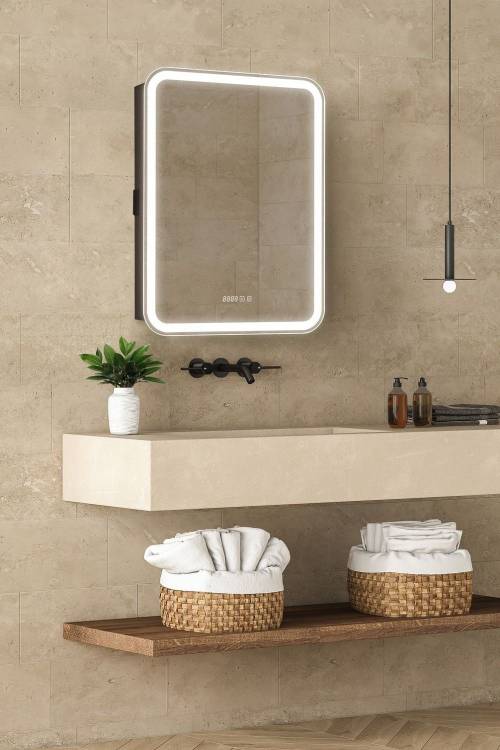 Зеркало-шкаф Art&Max Platino L AM-Pla-600-800-1D-L-DS-FC-H-T-Grey с подсветкой, часами и подогревом, Антрацит, 80x60