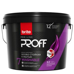 Краска интерьерная особо стойкая к мытью Brite Pro Line Proff Washable 7 матовая база A 9 л