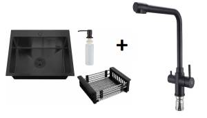 Комплект Мойка кухонная РМС MR MR-6050BL c корзиной и дозатором + Смеситель РМС SUS125BL-017F-015 чёрный