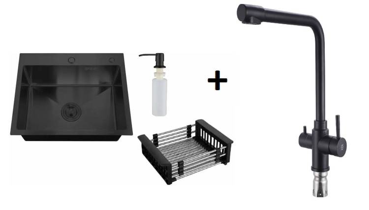 Комплект Мойка кухонная РМС MR MR-6050BL c корзиной и дозатором + Смеситель РМС SUS125BL-017F-015 чёрный