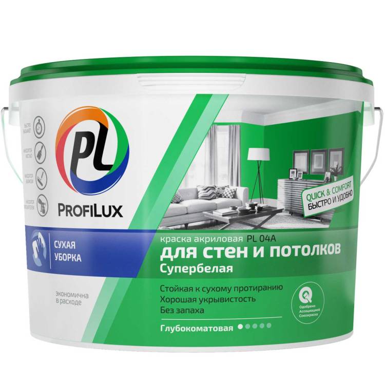 Краска для стен и потолков акриловая Profilux PL-04А глубокоматовая белая 1.4 кг