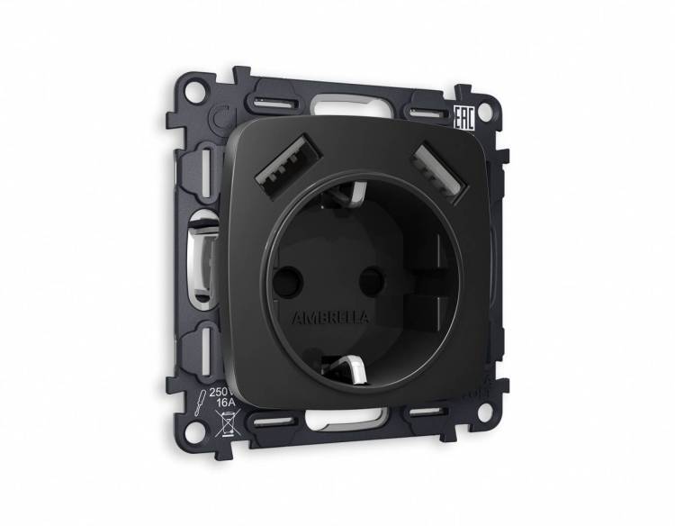 Комплект механизма электрической розетки 2USB A+A 18W (быстрая зарядка) с заземлением Ambrella Volt Omega MO809010