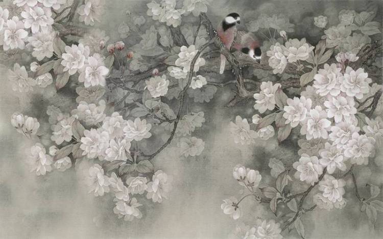 3D Фотообои Artegrafico «Цветочная акварель со снегирями» DV-006 канвас