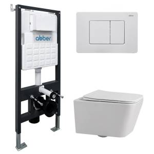Комплект Abber Rechteck AC1201-AC0105-AC0120MW унитаз подвесной, безободковый, сиденье микролифт, белый, кнопка белая матовая