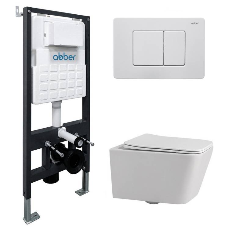 Комплект Abber Rechteck AC1201-AC0105-AC0120MW унитаз подвесной, безободковый, сиденье микролифт, белый, кнопка белая матовая