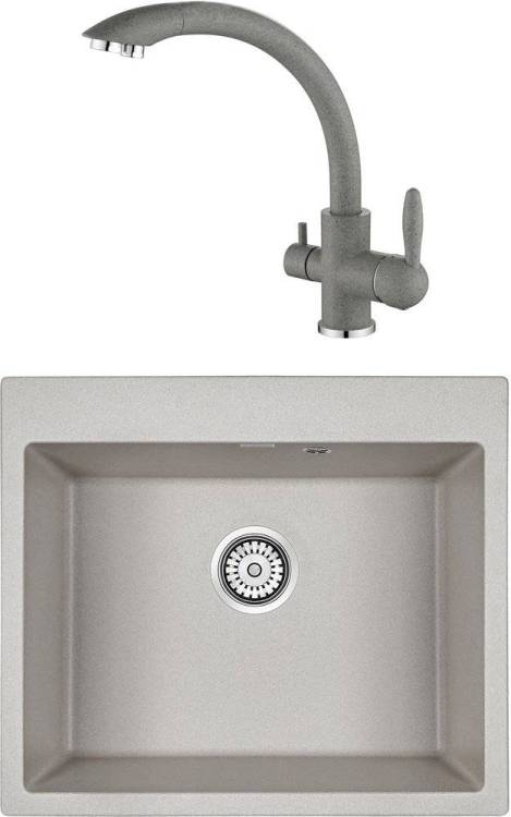 Комплект Paulmark Kante PM106052-GR серый + Смеситель Paulmark Essen Es213001-310 для кухонной мойки, серый