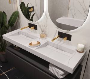Раковина-столешница Armadi Art Flat 859-140-CLCT моноблок Calacatta 1410x452x80 2 чаши