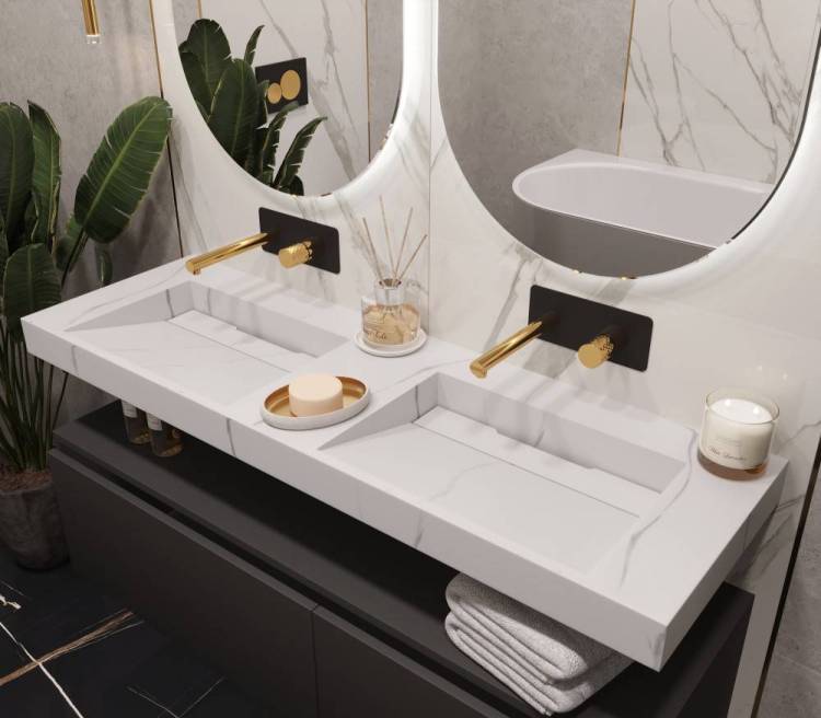 Раковина-столешница Armadi Art Flat 859-140-CLCT моноблок Calacatta 1410x452x80 2 чаши