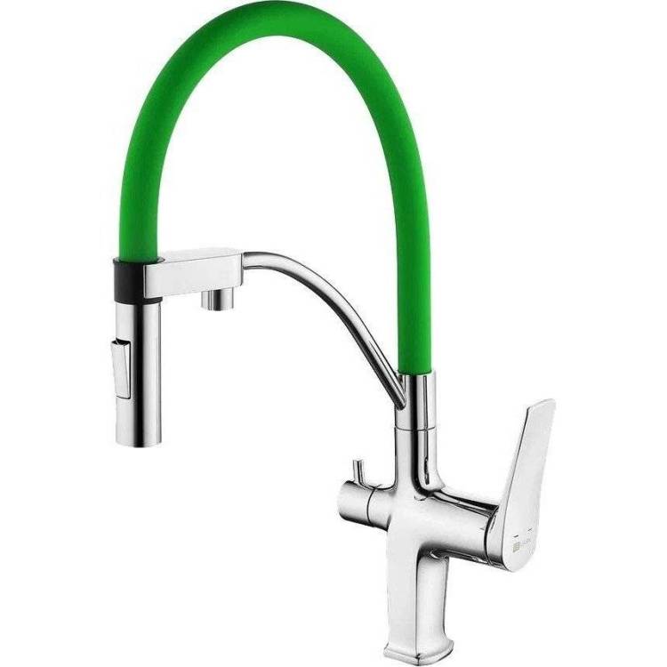 Смеситель для кухни Lemark Comfort LM3074C-Green с гибким изливом, хром, зеленый