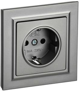 Розетка 1-местная с заземлением и шторками IEK Brite BR-R14-16-K46-F сталь