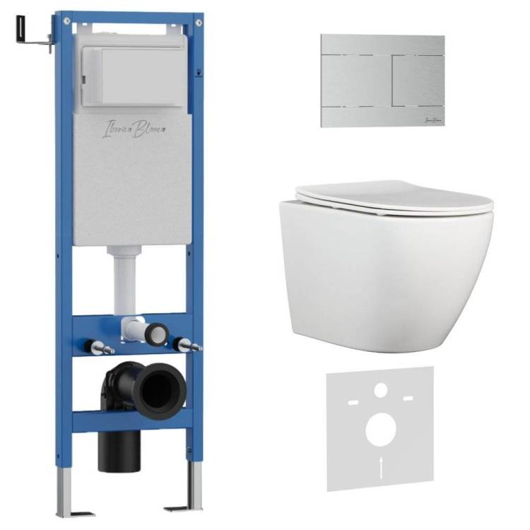 Унитаз с инсталляцией Iberica Blanca Bilbao Alto IB.001M.BLA.234.1501 безободковый, с крышкой-сиденьем микролифт, с кнопкой матовый хром