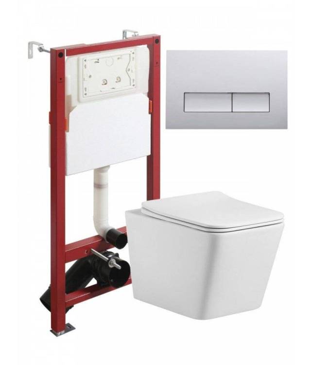 Унитаз с инсталляцией Agger ATI10150+APB200 безободковый, с крышкой-сиденьем микролифт, с кнопкой хром