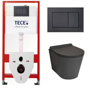 Комплект Tece TC414101480 Инсталляция для унитаза Tece + Унитаз подвесной beWash Aldo безободковый, с сиденьем микролифт, черный матовый