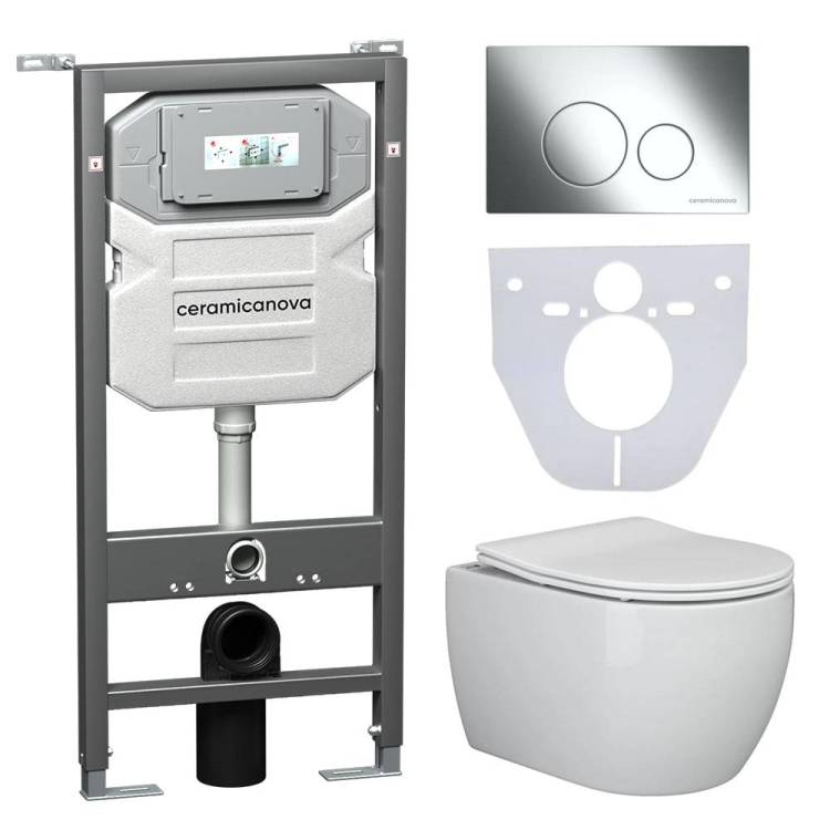 Комплект Унитаз подвесной Ceramica Nova Play CN3001 + Система инсталляции Envision CN1001CH с кнопкой смыва хром и шумоизоляционной панелью CN1000