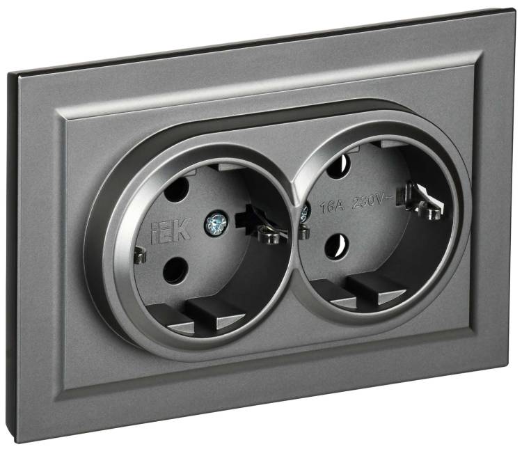 Розетка 2-местная с заземлением и шторками IEK Brite BR-R24-16-K46-F сталь