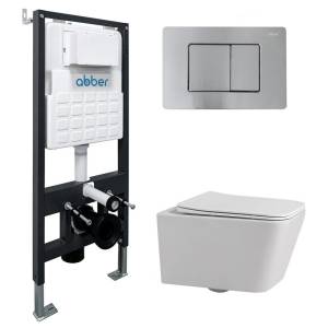 Комплект Abber Rechteck AC1201-AC0105-AC0120MCH унитаз подвесной, безободковый, сиденье микролифт, белый, кнопка хром матовый