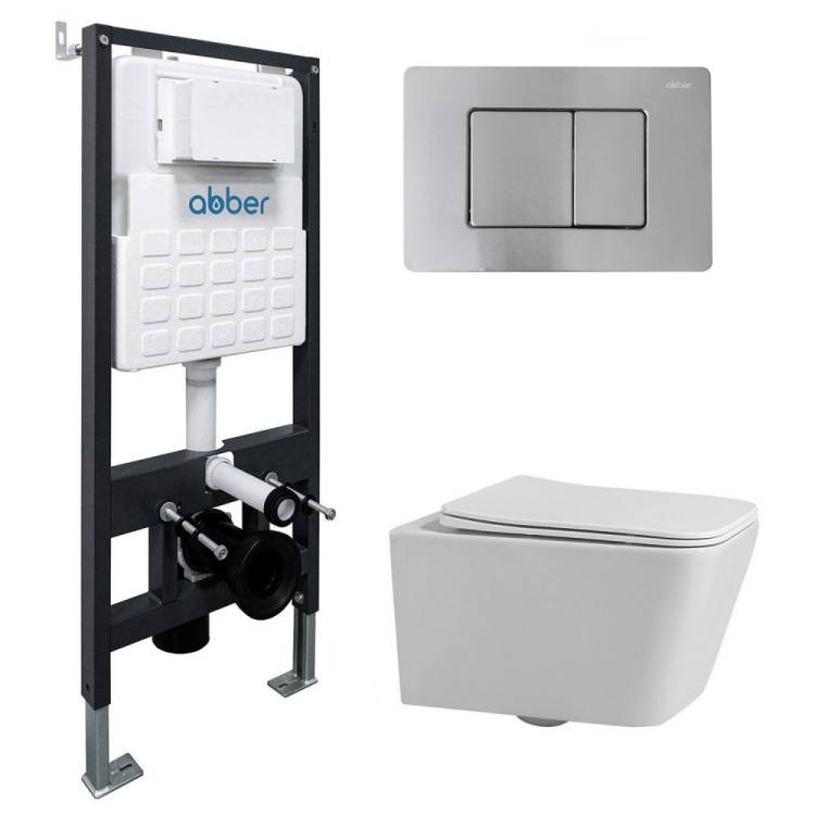 Комплект Abber Rechteck AC1201-AC0105-AC0120MCH унитаз подвесной, безободковый, сиденье микролифт, белый, кнопка хром матовый