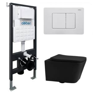 Комплект Abber Rechteck AC1201MB-AC0105-AC0120MW унитаз подвесной, безободковый, сиденье микролифт, черный матовый, кнопка белая матовая