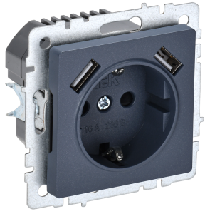 Розетка 1-местная с заземлением, шторками и USB Type A+A IEK Brite BR-R14-16-U21-D31-K35 маренго