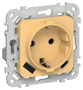 Розетка 1-местная с заземлением, шторками и USB Type A+С IEK Flite FI-R14-16-U22-020-K90 золотарник
