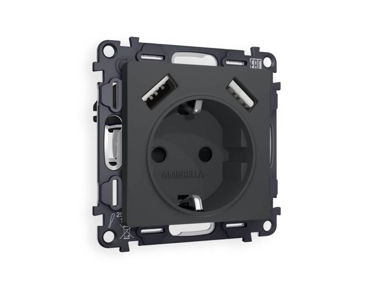 Комплект механизма электрической розетки 2USB A+A 18W (быстрая зарядка) с заземлением Ambrella Volt Alfa MA909010