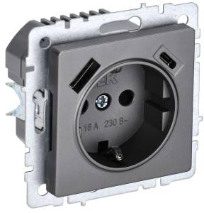 Розетка 1-местная с заземлением, шторками и USB Type A+С IEK Brite BR-R14-16-U22-018-K46 сталь