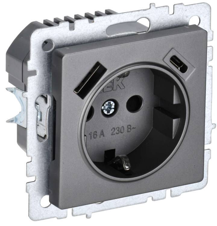 Розетка 1-местная с заземлением, шторками и USB Type A+С IEK Brite BR-R14-16-U22-018-K46 сталь