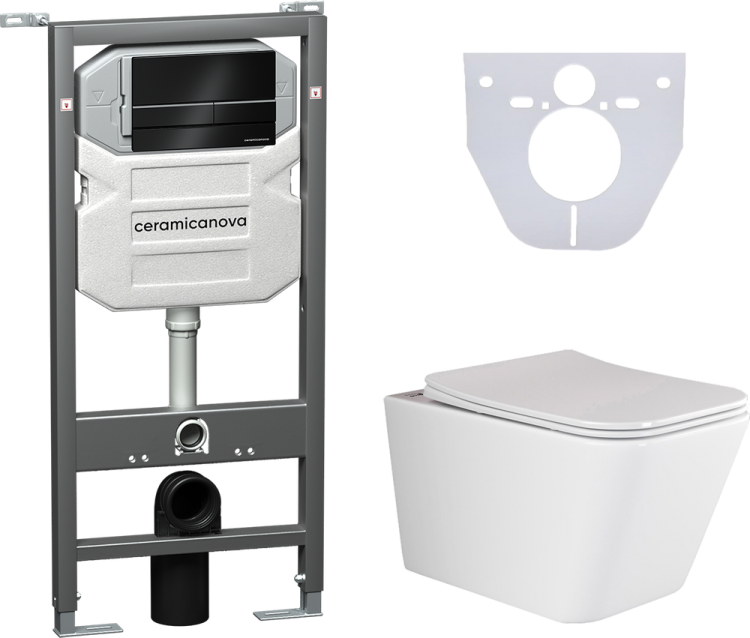 Комплект Унитаз подвесной Ceramica Nova Metric Rimless CN3007 с микролифтом, безободковый + Система инсталляции для унитазов Ceramica Nova Envision Flat CN1002B кнопка черная матовая +  и шумоизоляционной панелью