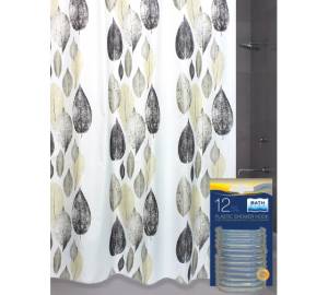 Штора для ванной Bath Plus Leaf Story akch-21261 с кольцами, 180x180, желтый, серый, белый