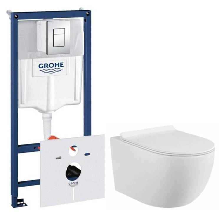 Комплект Grohe GRH775003480 Инсталляция для унитаза Grohe Rapid SL + Унитаз подвесной beWash Minimal безободковый, с сиденьем микролифт, белый глянец