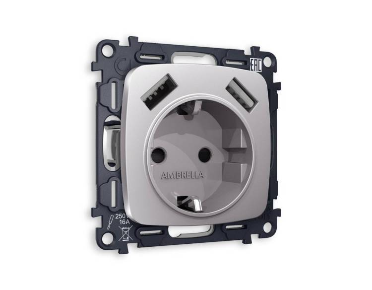 Комплект механизма электрической розетки 2USB A+A 18W (быстрая зарядка) с заземлением Ambrella Volt Omega MO509010