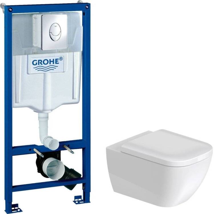 Комплект Унитаз подвесной Duravit Happy D.2 2222090000 rimless + Крышка-сиденье 0064590000 + Инсталляция Grohe Rapid SL 38721001 3 в 1 с кнопкой