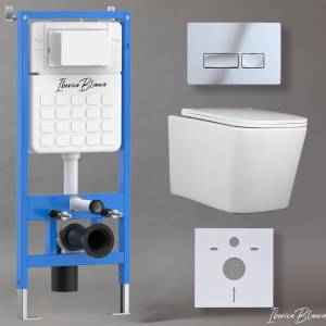 Унитаз с инсталляцией Iberica Blanca Toledo Alto IB001.TLA.234.213 безободковый, с крышкой-сиденьем микролифт, с кнопкой глянцевый хром