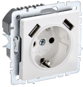 Розетка 1-местная с заземлением, шторками и USB Type A+A IEK Brite BR-R14-16-U21-D21-K01 белый