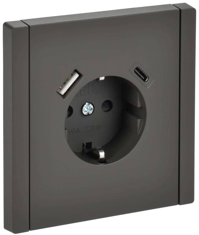 Розетка 1-местная с заземлением, шторками и USB Type A+С IEK Forte&Piano FP-R14-16-U22-018-K03 серый