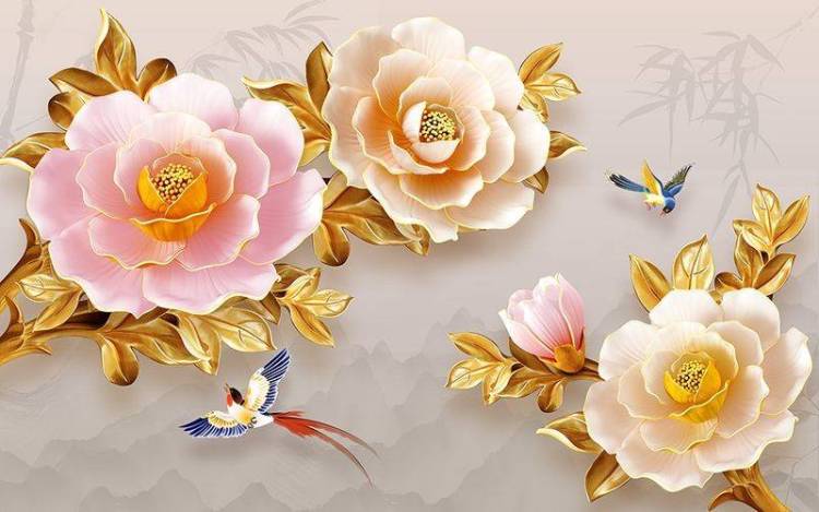 3D Фотообои Artegrafico «Керамические пионы с позолотой» BR-089 канвас