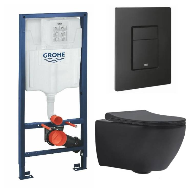 Комплект Grohe GRH939303670 Инсталляция для унитаза Grohe Rapid SL + Унитаз подвесной beWash Bogen безободковый, с функцией биде и сиденьем микролифт, черный матовый