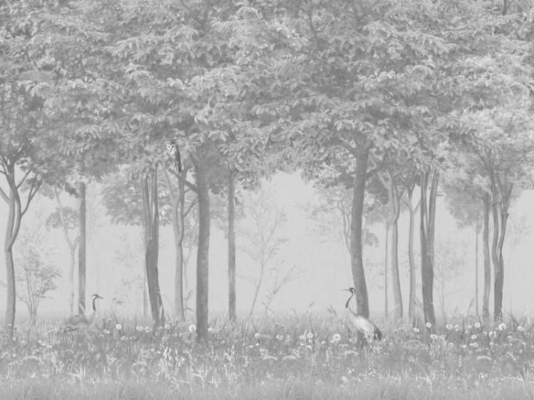 3D Фотообои Artegrafico «Журавли в густом лесу на сером» VG-024 акварель