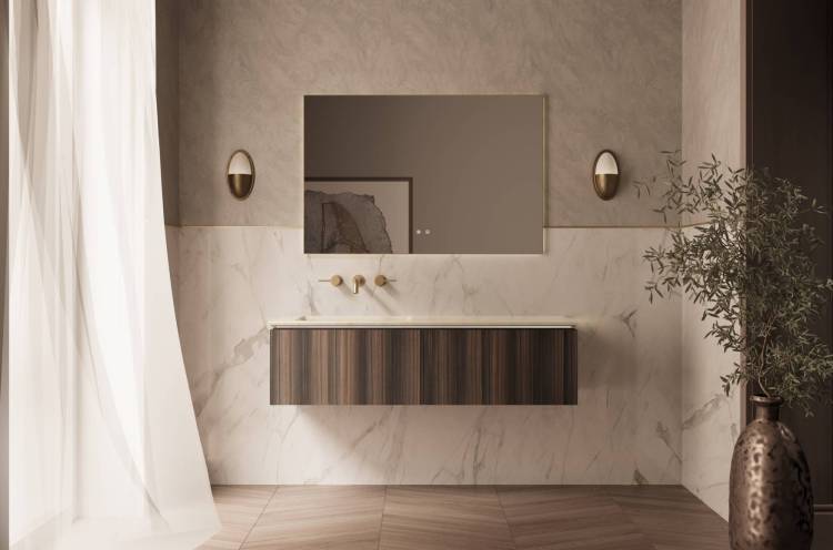 Тумба с раковиной Vincea Luxe 1400 2 выкатных ящика, натуральный орех, раковина левая, бежевая