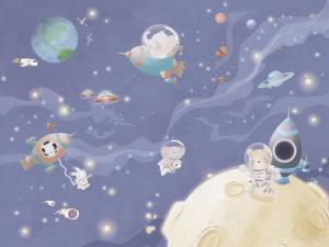 Бесшовные Eco обои Ortograf Little friends 34417 Веселые космонавты 3 Ворс+ ОЕ+